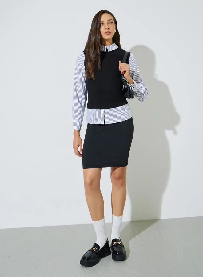 Styli Black Striped Long Sleeve Shirt with Ribbed Knit Attached Vest