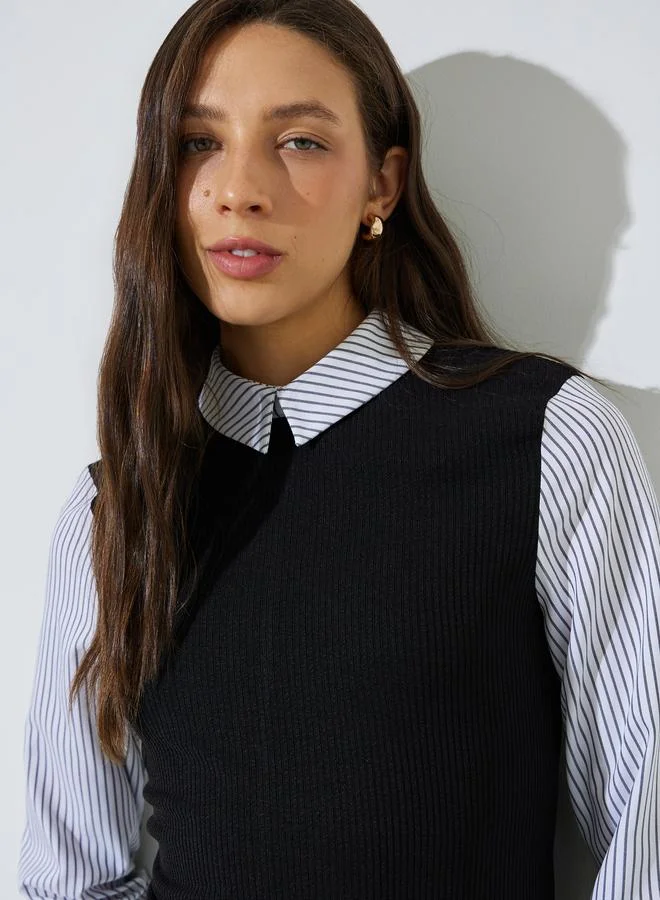 Styli  Black Striped Long Sleeve Shirt with Ribbed Knit Attached Vest for Women | Best Price UAE