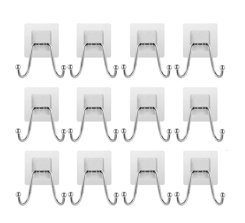 SEMITO Premium Wall Hooks, 10kg(MAX) Heavy Duty Self Adhesive Hooks, Nail Free Transparent Seamless Hooks, Waterproof Oilproof, Suitable for Bathroom Kitchen Reusable Utility Hooks (12, Double Hook) - Image 1