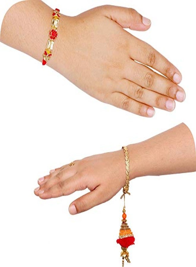 SUNINOW Designer Golden RED Rakhi with LUMBA Set for Brother and BHABHI