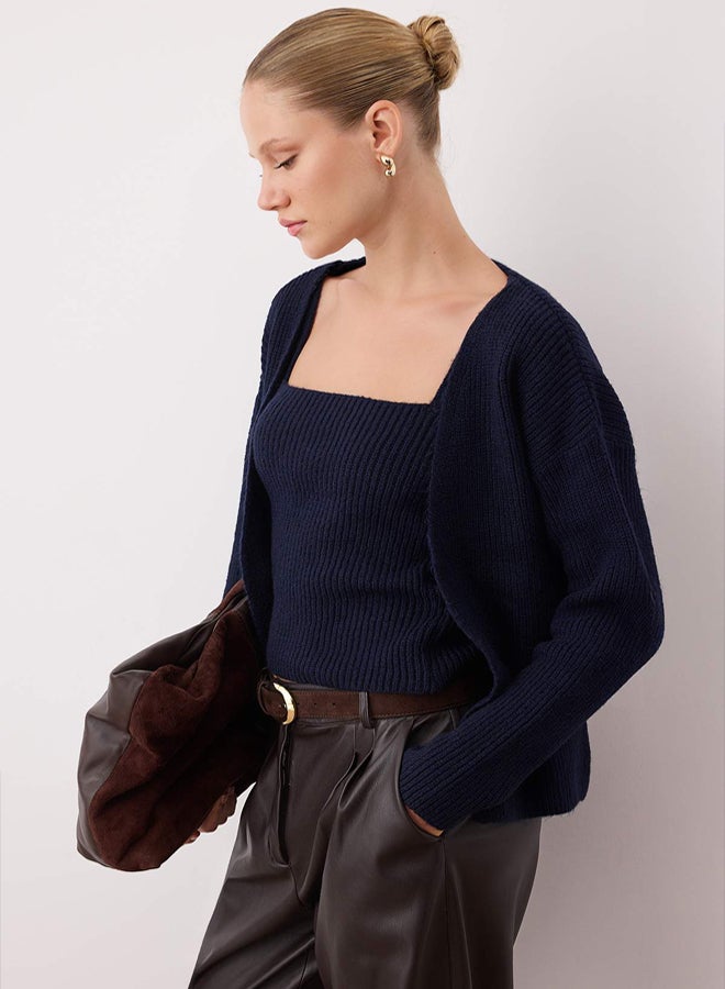 trendyol Navy Blue Soft Texture 2Piece Knitwear BlouseCardigan Set - Image 1