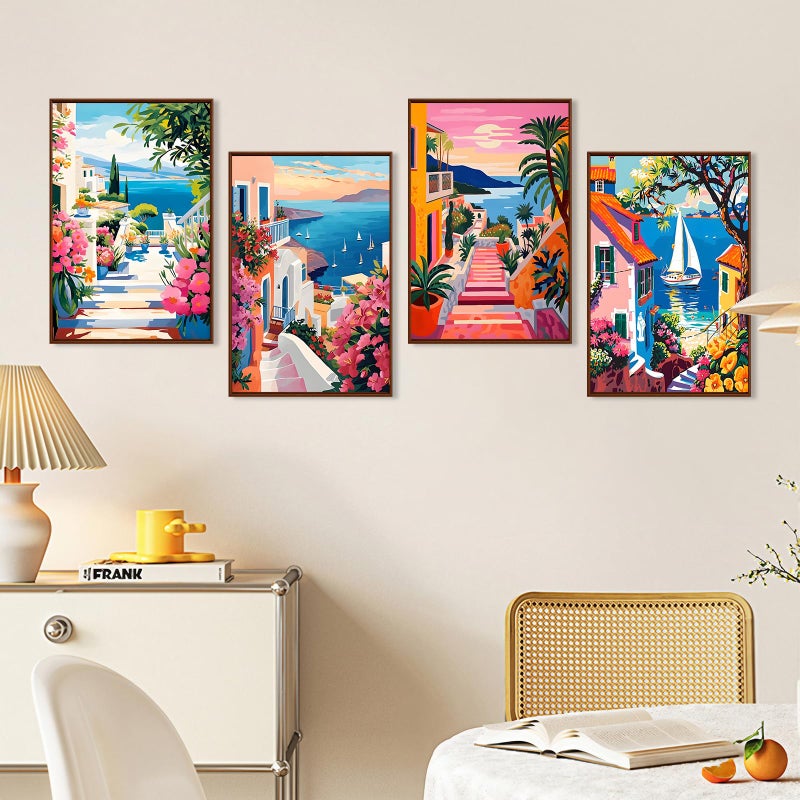 Okarina 4 Pack Paint by Numbers Kit for Adults with Frame Town Landscape, Framed Paint by Number for Adults Beginner with Wooden Easel, Seaside DIY Painting by Numbers Canvas Framed for Home Decor 8 x 12 Inch - Image 3