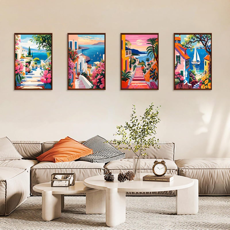 Okarina 4 Pack Paint by Numbers Kit for Adults with Frame Town Landscape, Framed Paint by Number for Adults Beginner with Wooden Easel, Seaside DIY Painting by Numbers Canvas Framed for Home Decor 8 x 12 Inch - Image 4