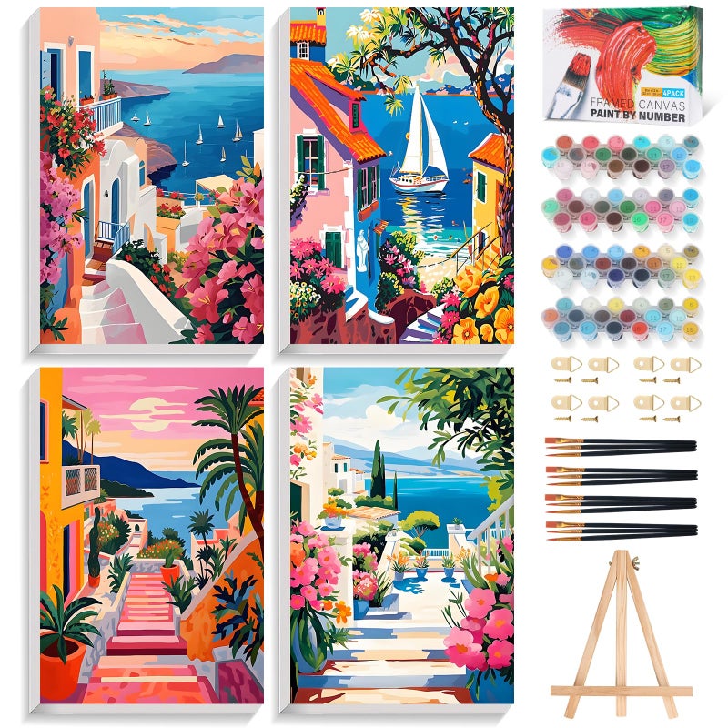 Okarina 4 Pack Paint by Numbers Kit for Adults with Frame Town Landscape, Framed Paint by Number for Adults Beginner with Wooden Easel, Seaside DIY Painting by Numbers Canvas Framed for Home Decor 8 x 12 Inch - Image 1