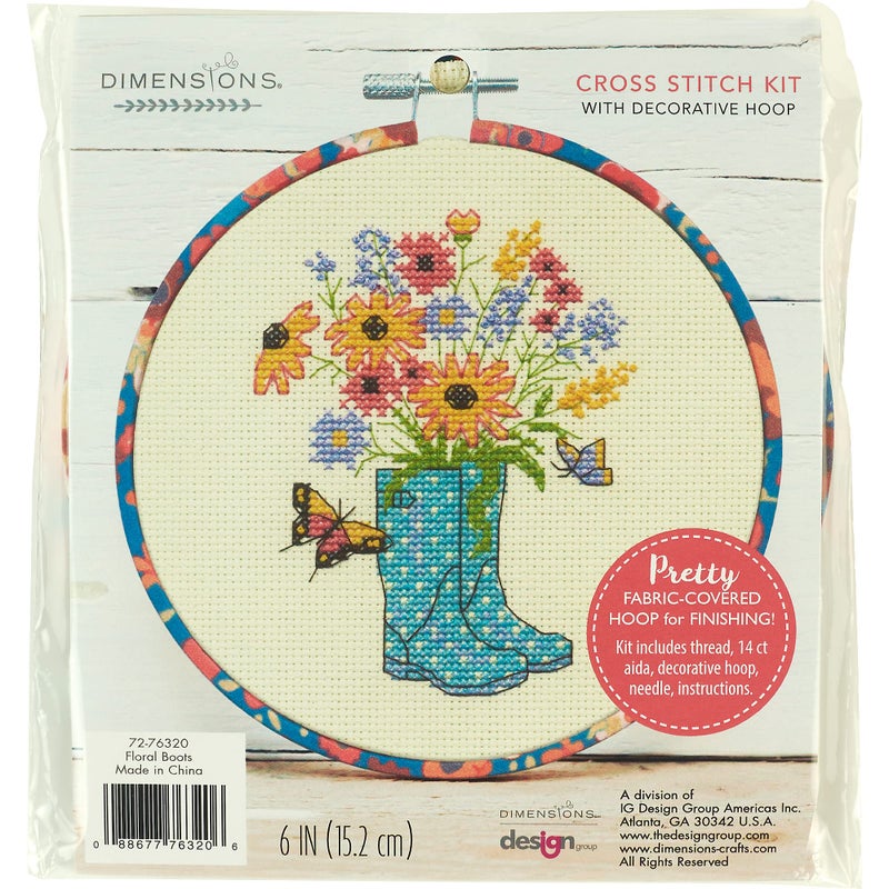 Dimensions Dimensions 7276320 Floral Boots Counted Cross Stitch Kit for Beginners 6 D 14 Ct Ivory Aida 5pcs