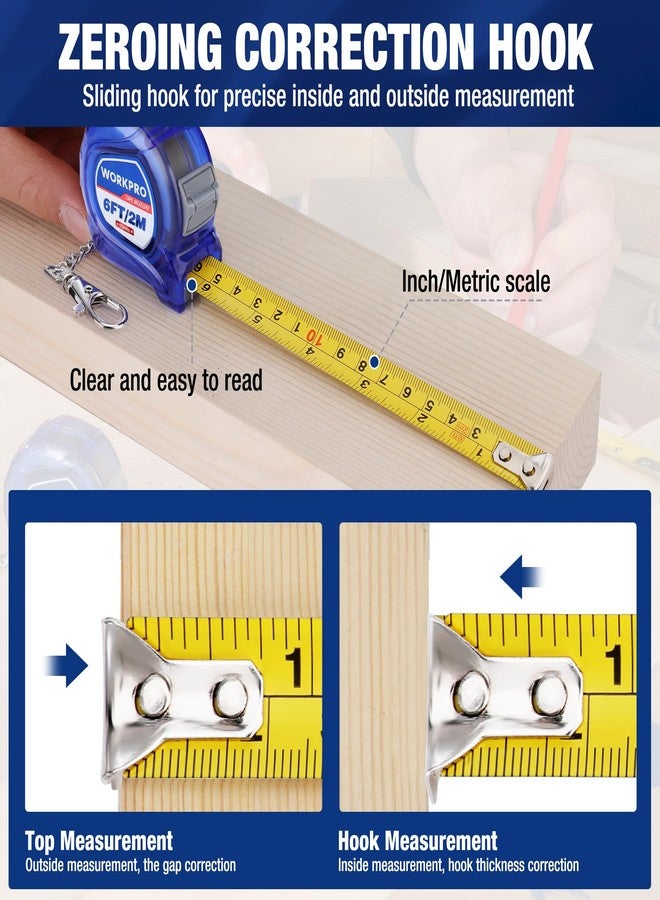 ووركبرو مجموعة شريط قياس سلسلة مفاتيح WORKPRO، 3 قطع بمقياس بوصة/متري، شريط قياس صغير سهل القراءة، شريط قياس صغير قابل للسحب بحجم الجيب بطول 6 أقدام للمهندس، خفيف الوزن، غلاف واقٍ من مادة ABS - Image 4