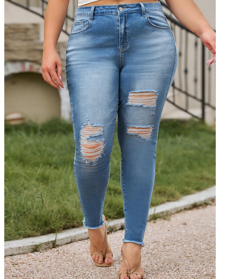 LALAGEN Women 2025 Plus Size Skinny Jeans Stretchy High Waisted Ankle Jean Destroyed Ripped Denim Pants Blue 3X - Image 4