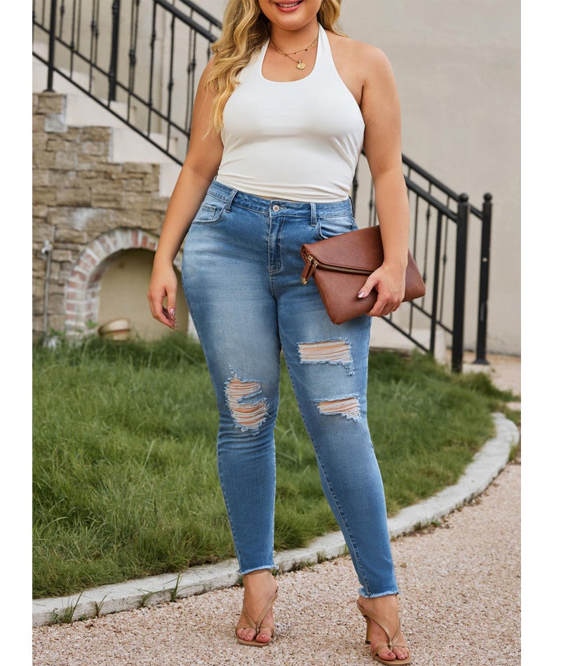 LALAGEN Women 2025 Plus Size Skinny Jeans Stretchy High Waisted Ankle Jean Destroyed Ripped Denim Pants Blue 3X - Image 5