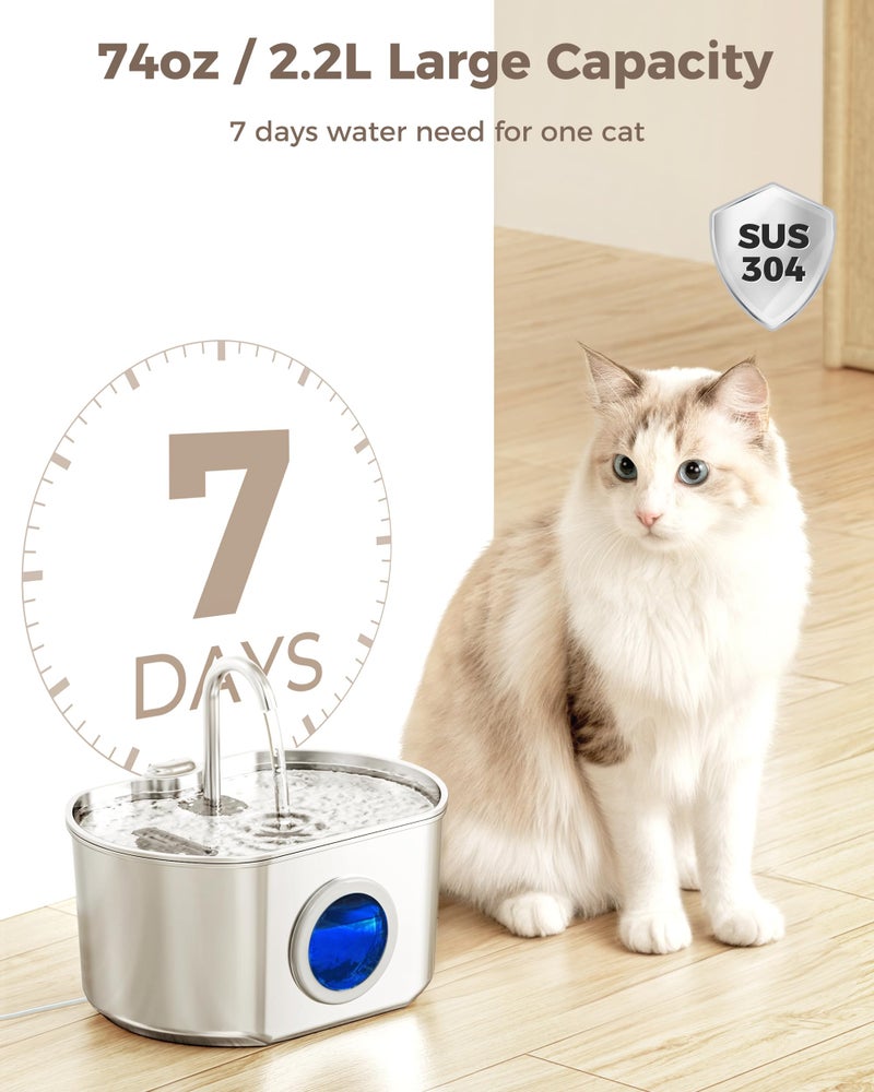 Neareal Cat Water Fountain Stainless Steel: 74oz/2.2L Cat Fountain for Drinking- Pet Water Fountain Inside - Automatic Dog Watering Dispenser Bowl - Pet Feeding & Watering Supplies - Water Level Window - Image 2