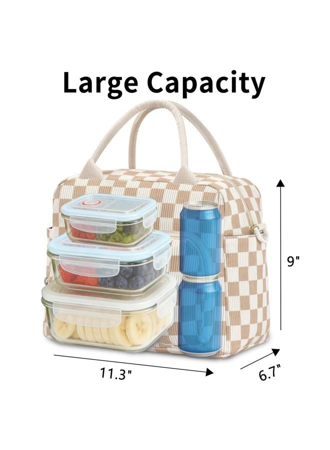 GASSDA Lunch Bag for Women Adult Lager Insulated Lunch Box Cute Cooler Lunch Tote Bags for Work Picnic (Beige-Brown Plaid) - Image 3