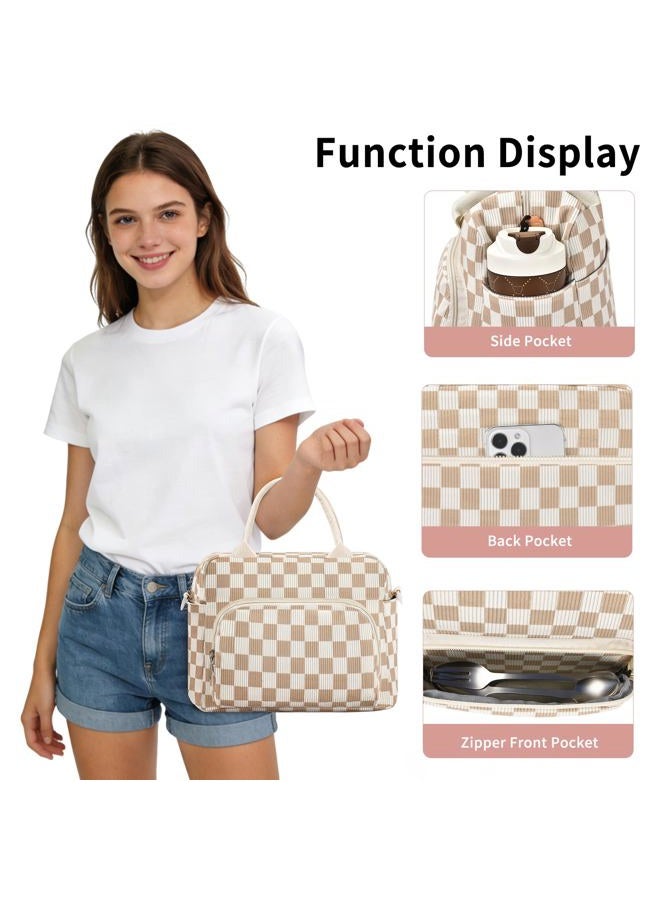 GASSDA Lunch Bag for Women Adult Lager Insulated Lunch Box Cute Cooler Lunch Tote Bags for Work Picnic (Beige-Brown Plaid) - Image 4