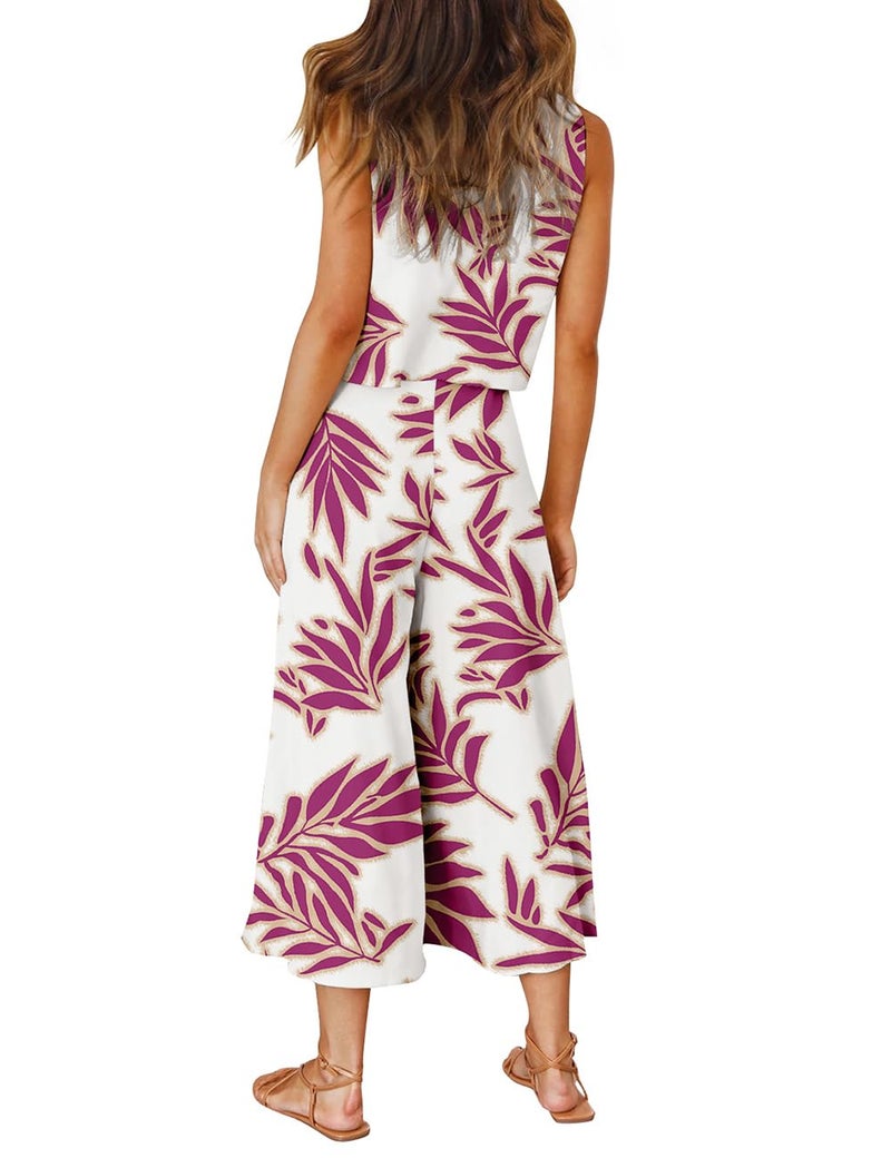 ROYLAMP Women's Summer 2 Piece Outfits Round neck Crop Basic Top Cropped Wide Leg pants Set Jumpsuits Purple Floral S - Image 4