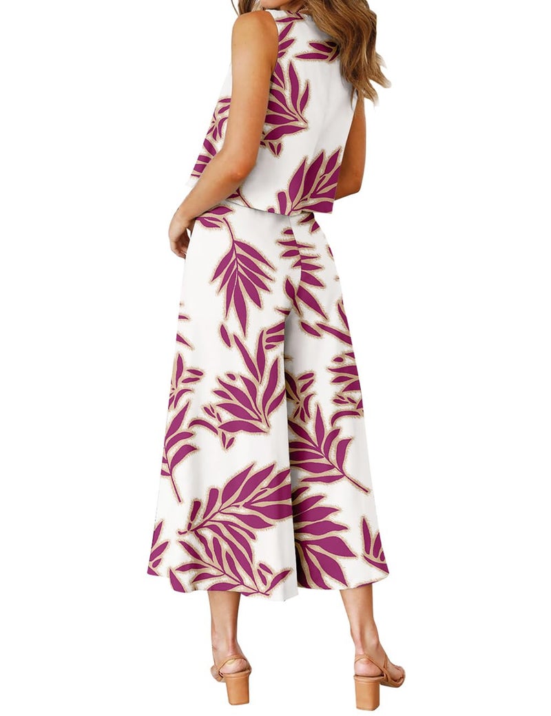 ROYLAMP Women's Summer 2 Piece Outfits Round neck Crop Basic Top Cropped Wide Leg pants Set Jumpsuits Purple Floral S - Image 3