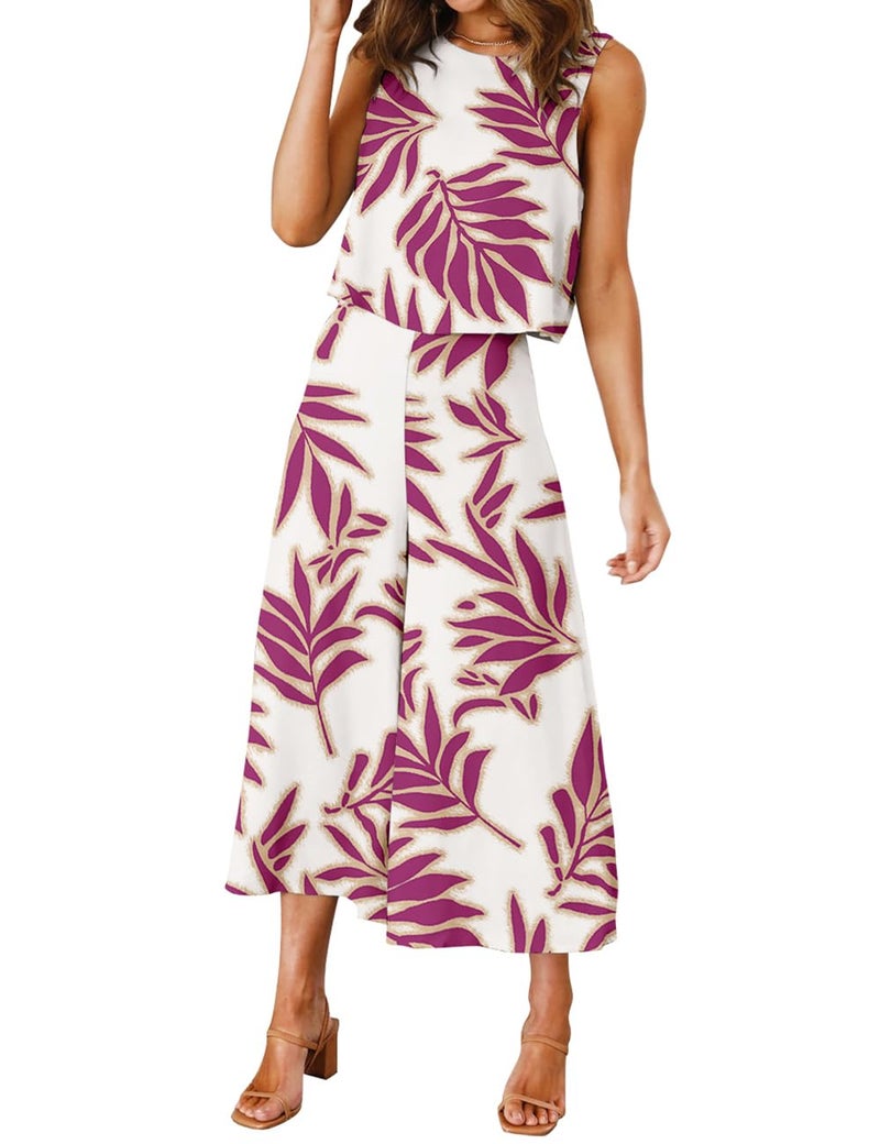 ROYLAMP Women's Summer 2 Piece Outfits Round neck Crop Basic Top Cropped Wide Leg pants Set Jumpsuits Purple Floral S - Image 2