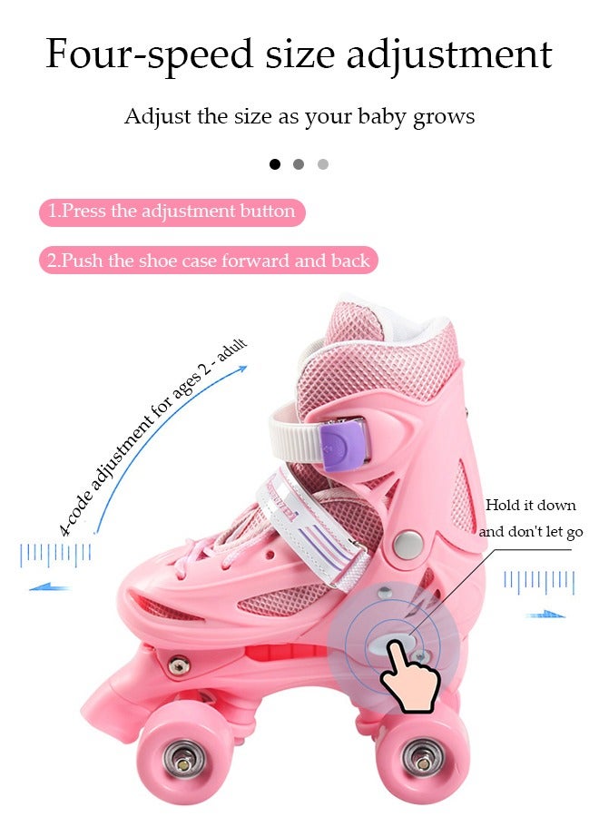 Roller skates, children's indoor and outdoor skating shoes,adjustable size, double row with 4 wheels, suitable for girls and boys, pink (M, suitable for sizes 35 to 38)