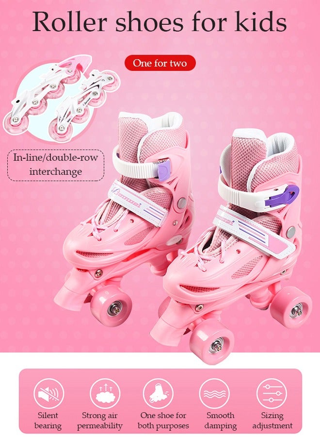 Roller skates, children's indoor and outdoor skating shoes,adjustable size, double row with 4 wheels, suitable for girls and boys, pink (M, suitable for sizes 35 to 38)