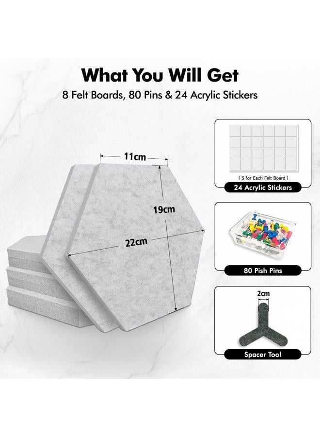 ANLIOTE 8-Pack Hexagon Felt Cork Board, 1/2" Thick Felt Bulletin Pinboard with 80 Push Pins, Adhesive Tabs, Geometric Cork Wall Tiles for Photos, Memos, Home & Office Decor (Light Grey) - Image 3