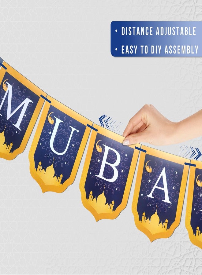 Yummuely لافتة "رمضان مبارك" من يومولي، لافتة رمضان، هدية إسلامية للمسلمين في رمضان وعيد الفطر، زينة معلقة للمهرجانات للمنزل، رف الموقد، المدفأة، الجدار، لوازم الحفلات (ذهبي وأزرق) - Image 5