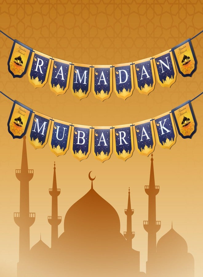 Yummuely لافتة "رمضان مبارك" من يومولي، لافتة رمضان، هدية إسلامية للمسلمين في رمضان وعيد الفطر، زينة معلقة للمهرجانات للمنزل، رف الموقد، المدفأة، الجدار، لوازم الحفلات (ذهبي وأزرق) - Image 1