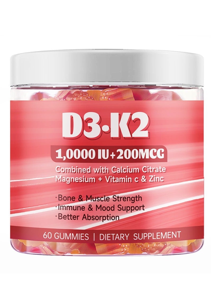 Wins Town 60 Count Vitamin D3 10,000 IU & K2 MK-7 Extra Strength Gummies | Sugar-Free, High Absorption Formula | Supports Bone, Joint, Immune, Heart & Brain Health | Non-GMO, Gluten-Free with Prebiotic Fiber  - Image 1