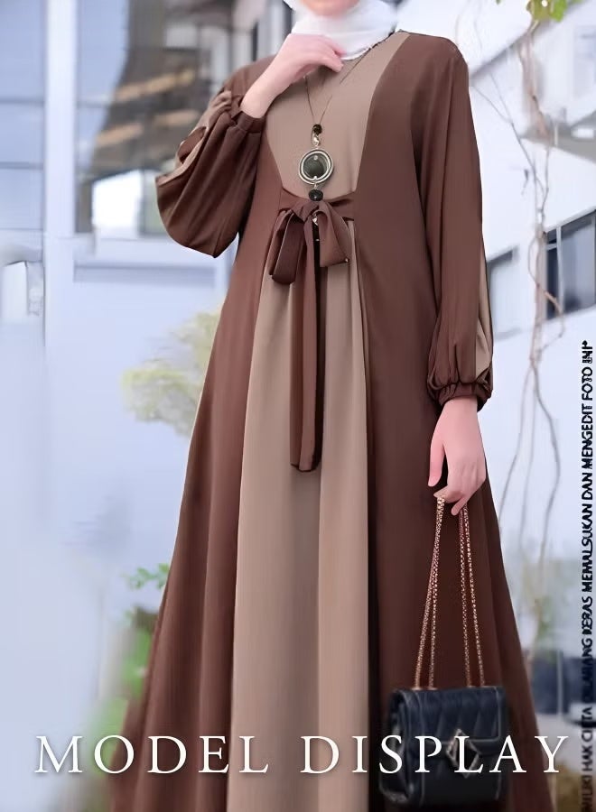 فستان نسائي إسلامي برباط متطابق الألوان كاجوال فضفاض وأكمام طويلة على شكل حرف A يتميز بتصميم مذهل مطابق للألوان ورباط خلفي قابل للتعديل بني - Image 1
