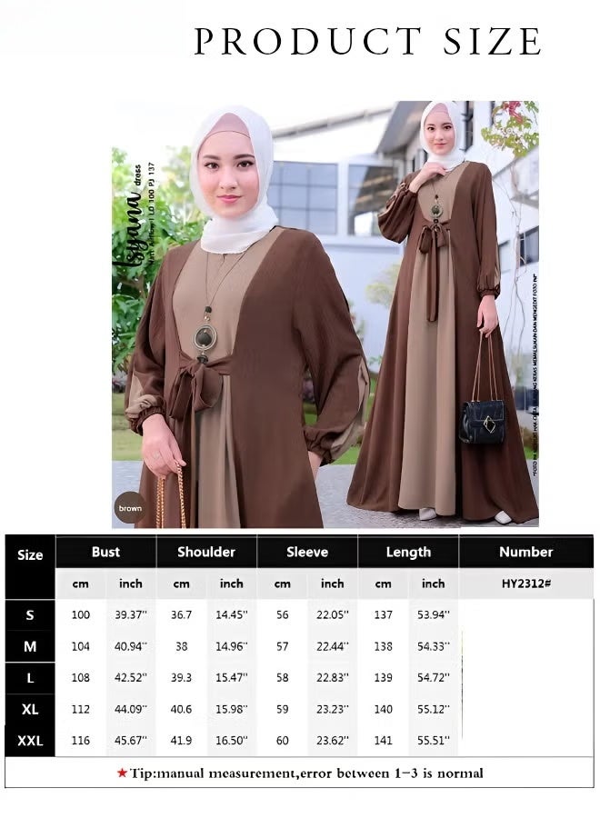 فستان نسائي إسلامي برباط متطابق الألوان كاجوال فضفاض وأكمام طويلة على شكل حرف A يتميز بتصميم مذهل مطابق للألوان ورباط خلفي قابل للتعديل بني - Image 3