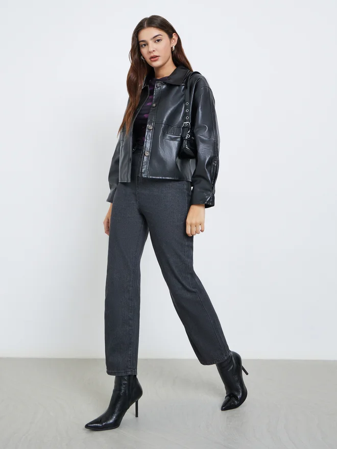 Styli Styli Black Faux Leather Buttoned Jacket