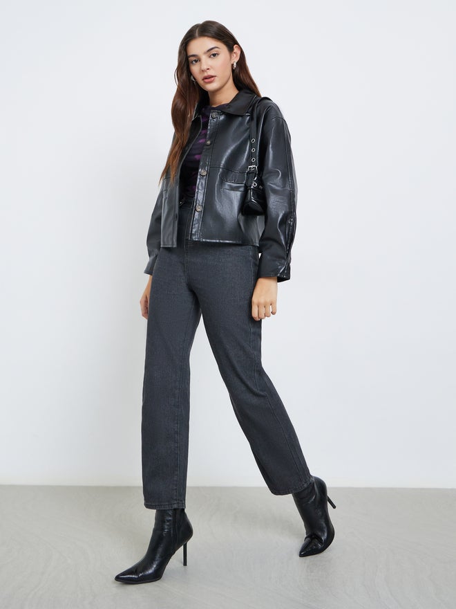 Styli Black Faux Leather Buttoned Jacket - Image 2