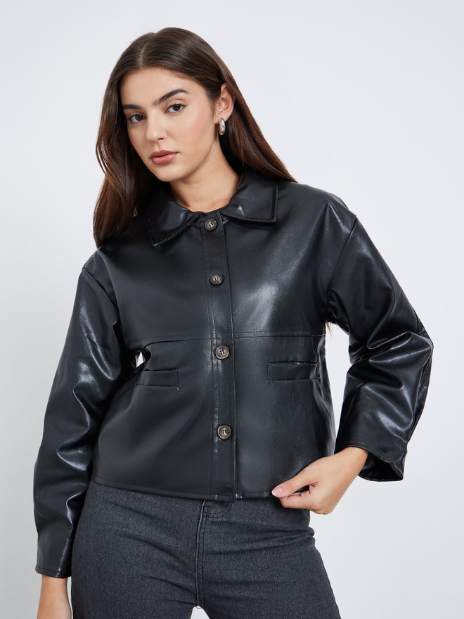 Styli Black Faux Leather Buttoned Jacket - Image 3
