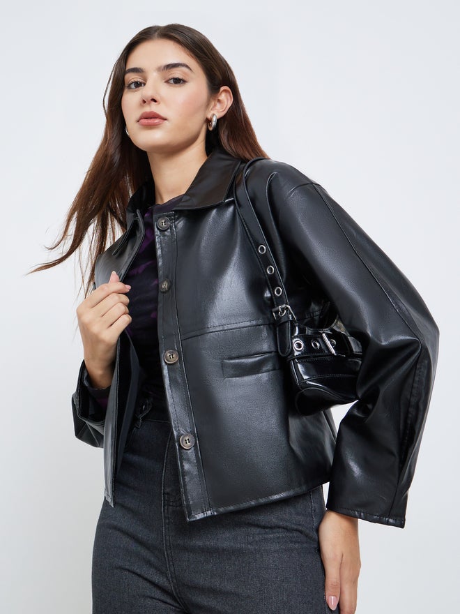 Styli Black Faux Leather Buttoned Jacket - Image 1
