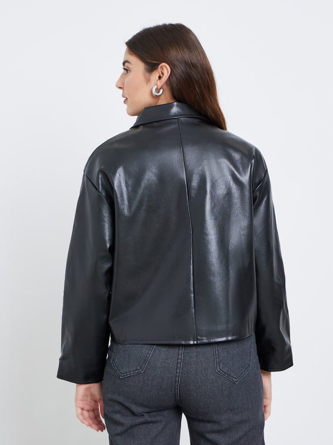 Styli Black Faux Leather Buttoned Jacket - Image 5