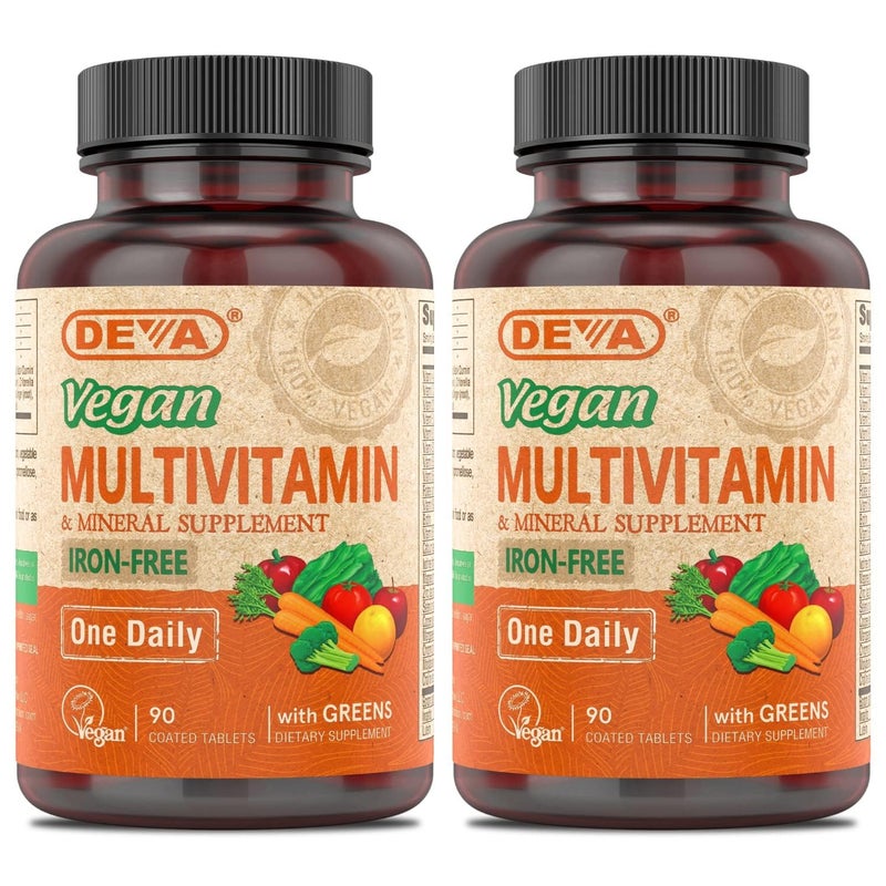 DEVA Vegan Multivitamin and Mineral Supplement One Daily Vitamin Formula with Greens Iron Free 90 Coated Tablets Pack of 2