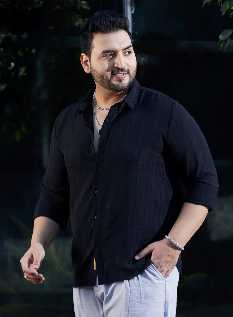 Instafab Plus Instafab Plus Men's Onyx Black Trough-Tactile Shirt For Casual Wear | Spread Collar | Long Cuffed Sleeves | Button Closure | Plus Size Shirt Crafted With Comfort Fit For Everyday Wear