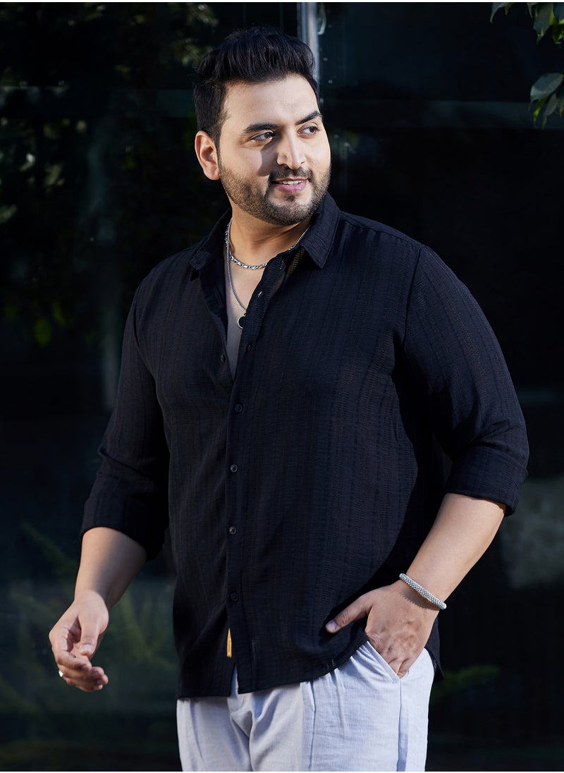 Instafab Plus Instafab Plus Men's Onyx Black Trough-Tactile Shirt For Casual Wear | Spread Collar | Long Cuffed Sleeves | Button Closure | Plus Size Shirt Crafted With Comfort Fit For Everyday Wear  - Image 3