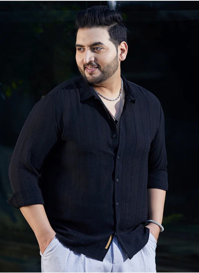 انستافاب بلس Instafab Plus Men's Onyx Black Trough-Tactile Shirt For Casual Wear | Spread Collar | Long Cuffed Sleeves | Button Closure | Plus Size Shirt Crafted With Comfort Fit For Everyday Wear