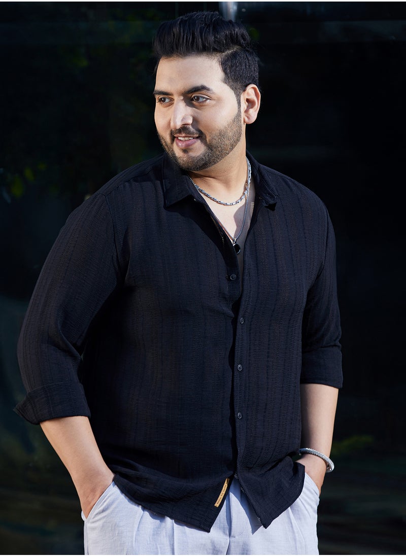 Instafab Plus Instafab Plus Men's Onyx Black Trough-Tactile Shirt For Casual Wear | Spread Collar | Long Cuffed Sleeves | Button Closure | Plus Size Shirt Crafted With Comfort Fit For Everyday Wear  - Image 1
