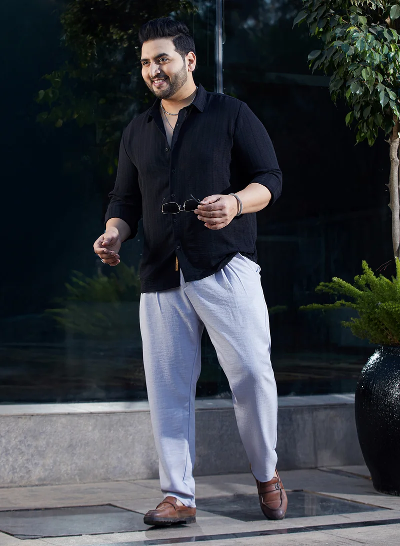Instafab Plus Instafab Plus Men's Onyx Black Trough-Tactile Shirt For Casual Wear | Spread Collar | Long Cuffed Sleeves | Button Closure | Plus Size Shirt Crafted With Comfort Fit For Everyday Wear