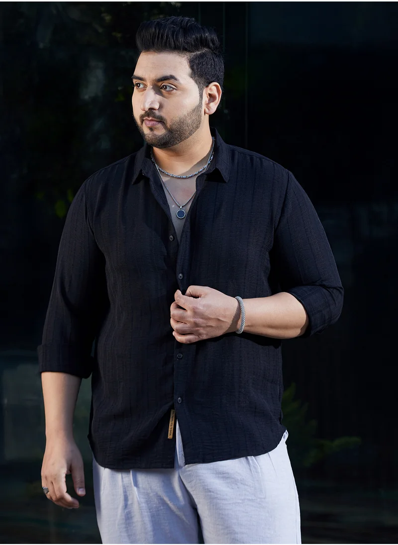 انستافاب بلس Instafab Plus Men's Onyx Black Trough-Tactile Shirt For Casual Wear | Spread Collar | Long Cuffed Sleeves | Button Closure | Plus Size Shirt Crafted With Comfort Fit For Everyday Wear