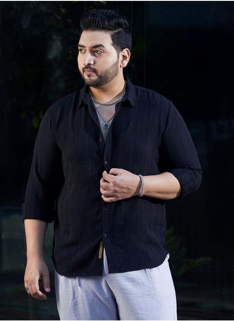 Instafab Plus Instafab Plus Men's Onyx Black Trough-Tactile Shirt For Casual Wear | Spread Collar | Long Cuffed Sleeves | Button Closure | Plus Size Shirt Crafted With Comfort Fit For Everyday Wear  - Image 2