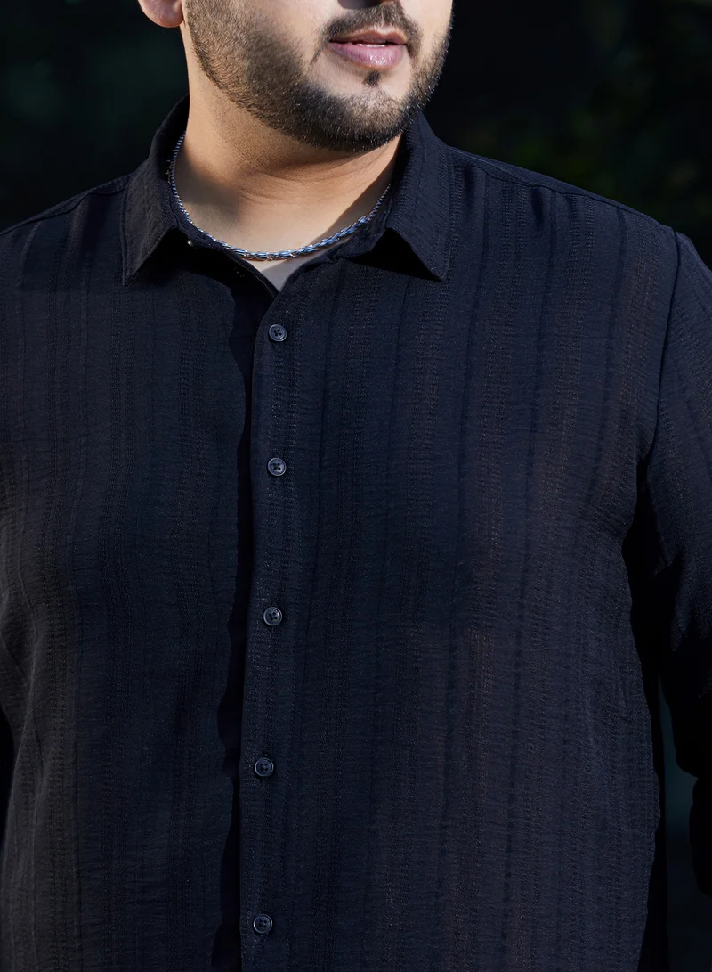 Instafab Plus Instafab Plus Men's Onyx Black Trough-Tactile Shirt For Casual Wear | Spread Collar | Long Cuffed Sleeves | Button Closure | Plus Size Shirt Crafted With Comfort Fit For Everyday Wear