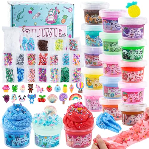 Okaybee 18 x 80 mL Big Premade Slime Kit 48 FL OZ Slime with 6 Butter 6 Cloud 6 Clear Crystal Slimes Varieties Party Favors for Kids 56 Pcs Slimes Pack with Jelly Cube Addins - Image 1