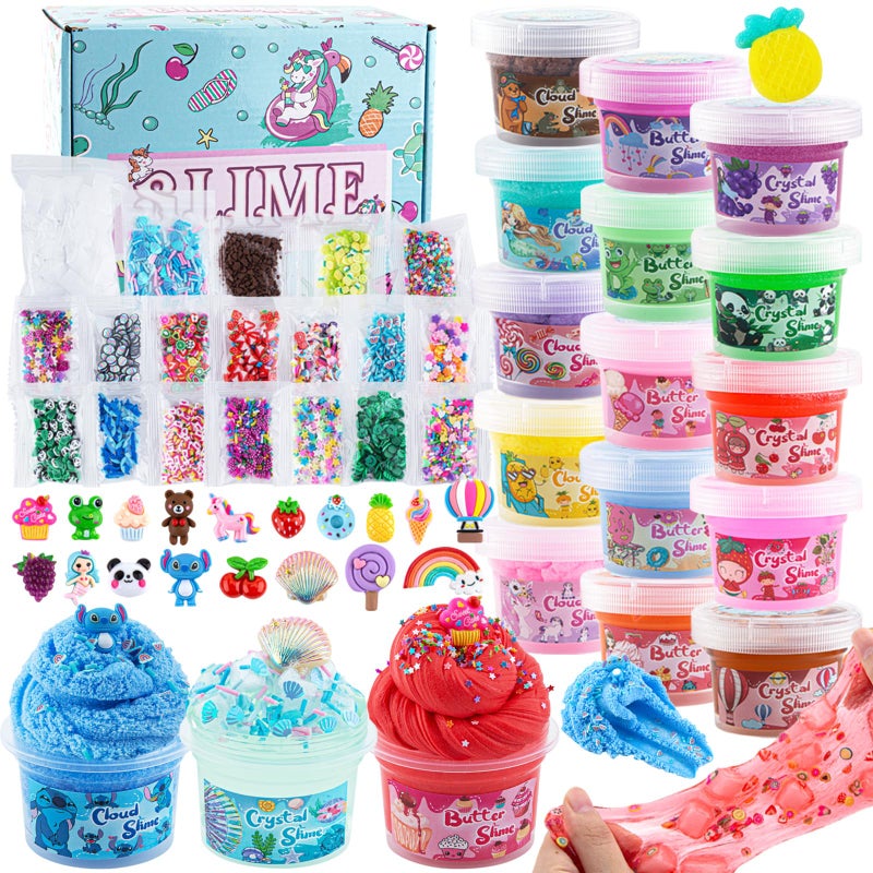 Okaybee 18 x 80 mL Big Premade Slime Kit 48 FL OZ Slime with 6 Butter 6 Cloud 6 Clear Crystal Slimes Varieties Party Favors for Kids 56 Pcs Slimes Pack with Jelly Cube Addins - Image 3