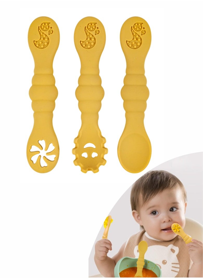 HieerBus Baby Spoons Set, Pre-Spoon for Kids Aged 6+ Months - First Stage, Baby Led Weaning Teething Spoon - Self Feeding, Silicone Toddler Food Utensils - 3 Spoons, yellow  - Image 1