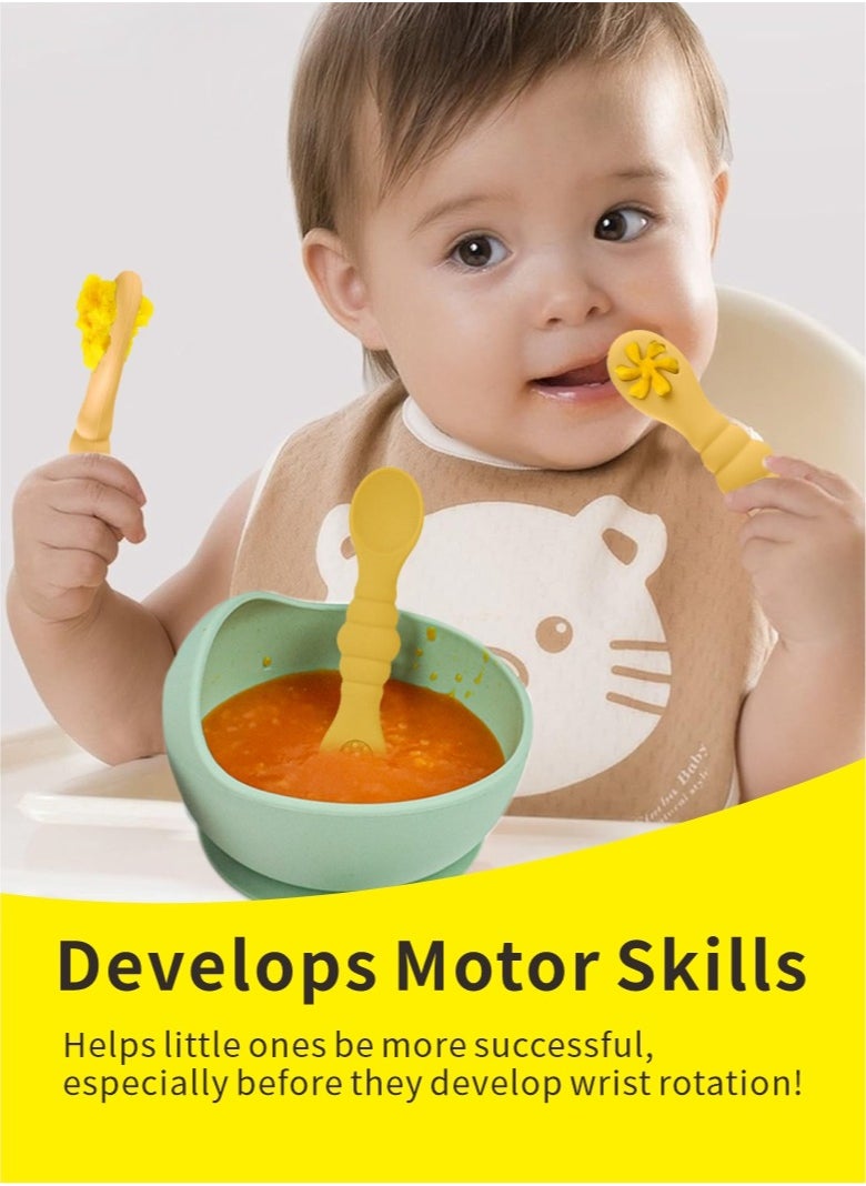 HieerBus Baby Spoons Set, Pre-Spoon for Kids Aged 6+ Months - First Stage, Baby Led Weaning Teething Spoon - Self Feeding, Silicone Toddler Food Utensils - 3 Spoons, yellow  - Image 4