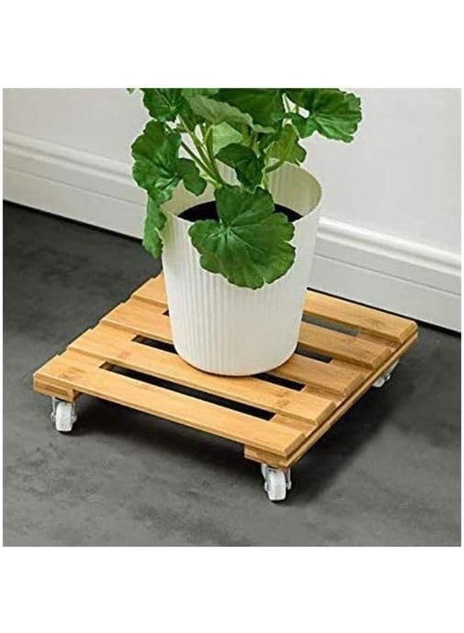 MY SOUQ Square Bamboo Wooden Plant Caddy Rolling Tray with Wheels Heavy Duty Plant Stand Caddy - Natural Wood - Image 4