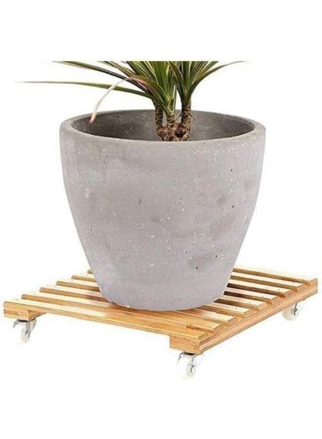MY SOUQ Square Bamboo Wooden Plant Caddy Rolling Tray with Wheels Heavy Duty Plant Stand Caddy - Natural Wood - Image 2