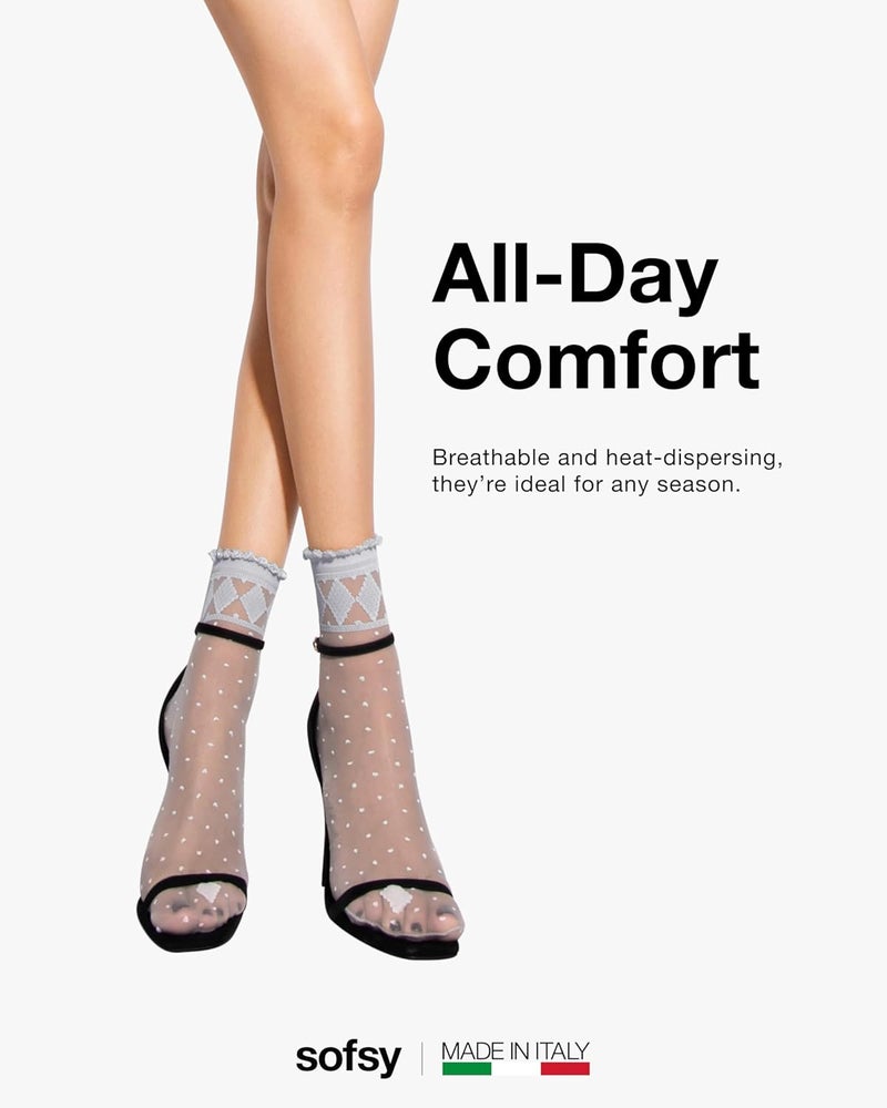 sofsy Italian Dotted Socks Collection (Ankle & Knee High) 20 Den Sheer Patterned Stockings with Ruffled Lace, Geometric Cuffs - Image 4