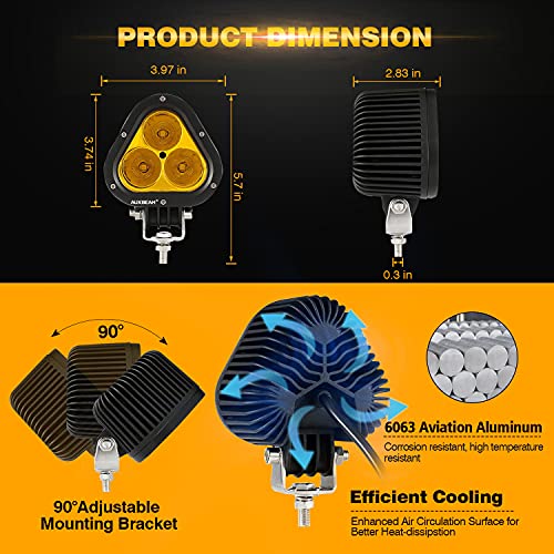 Auxbeam أضواء ضباب LED أمبر 90 واط من أوكسبيم 4 إنش، ساطعة للغاية 9000 لومن، ضوء LED للطرق الوعرة، مجموعة ضوء أصفر، مثلث LED لجيب، دراجة نارية، SUV، شاحنات، قوارب - Image 5