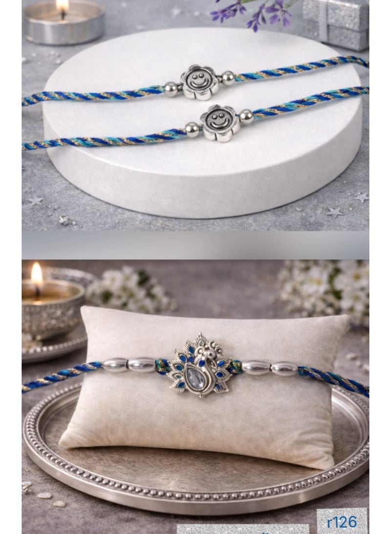 Rakhi Set for Brother - Smiley Face & Peacock Design Blue Thread Bracelets