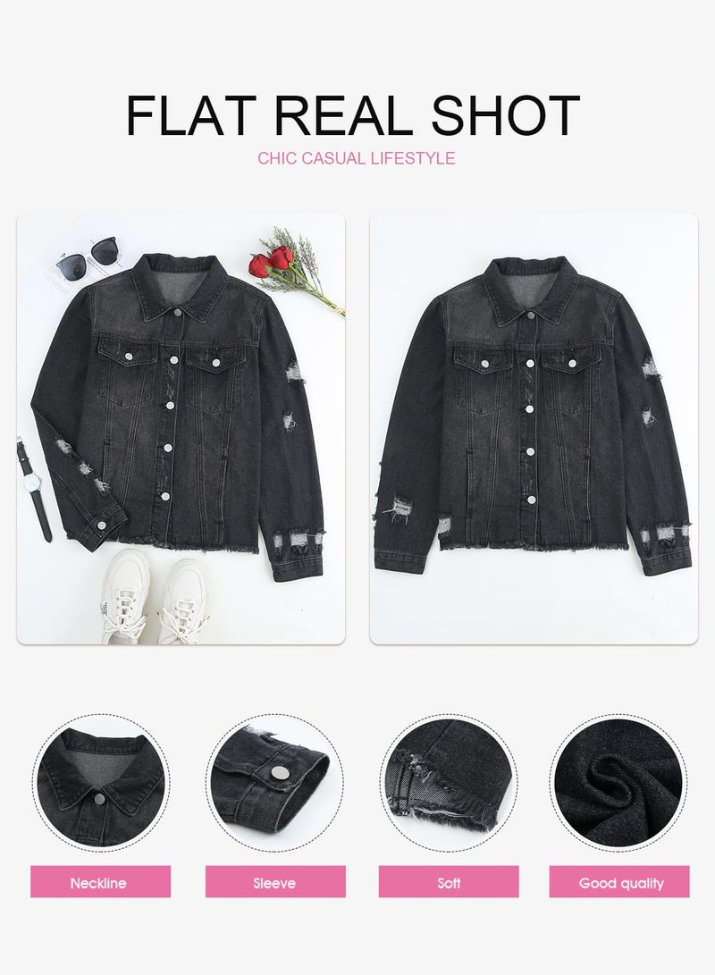 EVALESS Ladies Ripped Distressed Boyfriend Trucker Jacket Coat 2025 Trendy Fall Winter Washed Solid Color Long Sleeve Denim Jacket Black Medium - Image 5